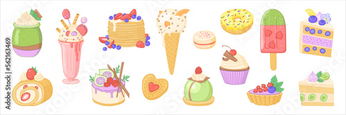 Vector set of delicious sweets and desserts. Sweet food illustration set.