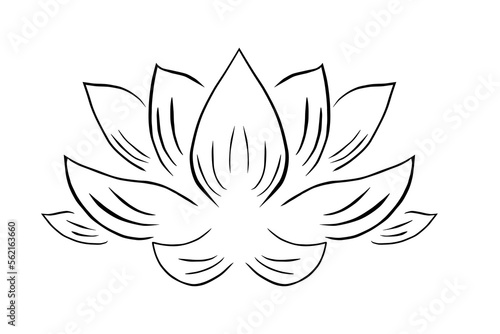 simple lotus drawn in outline style. Black and white logo symbol of harmony 