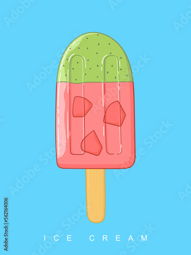 Cute ice cream popsicle poster. Vector watermelon, kiwi ice cream on blue background.