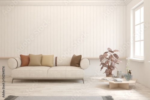 White living room with sofa. Scandinavian interior design. 3D illustration