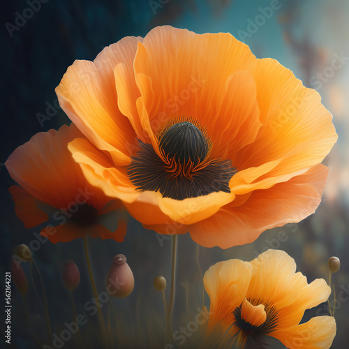 Generative AI: Fresh poppy flower scolored in shades of yellow close up in the meadow photo