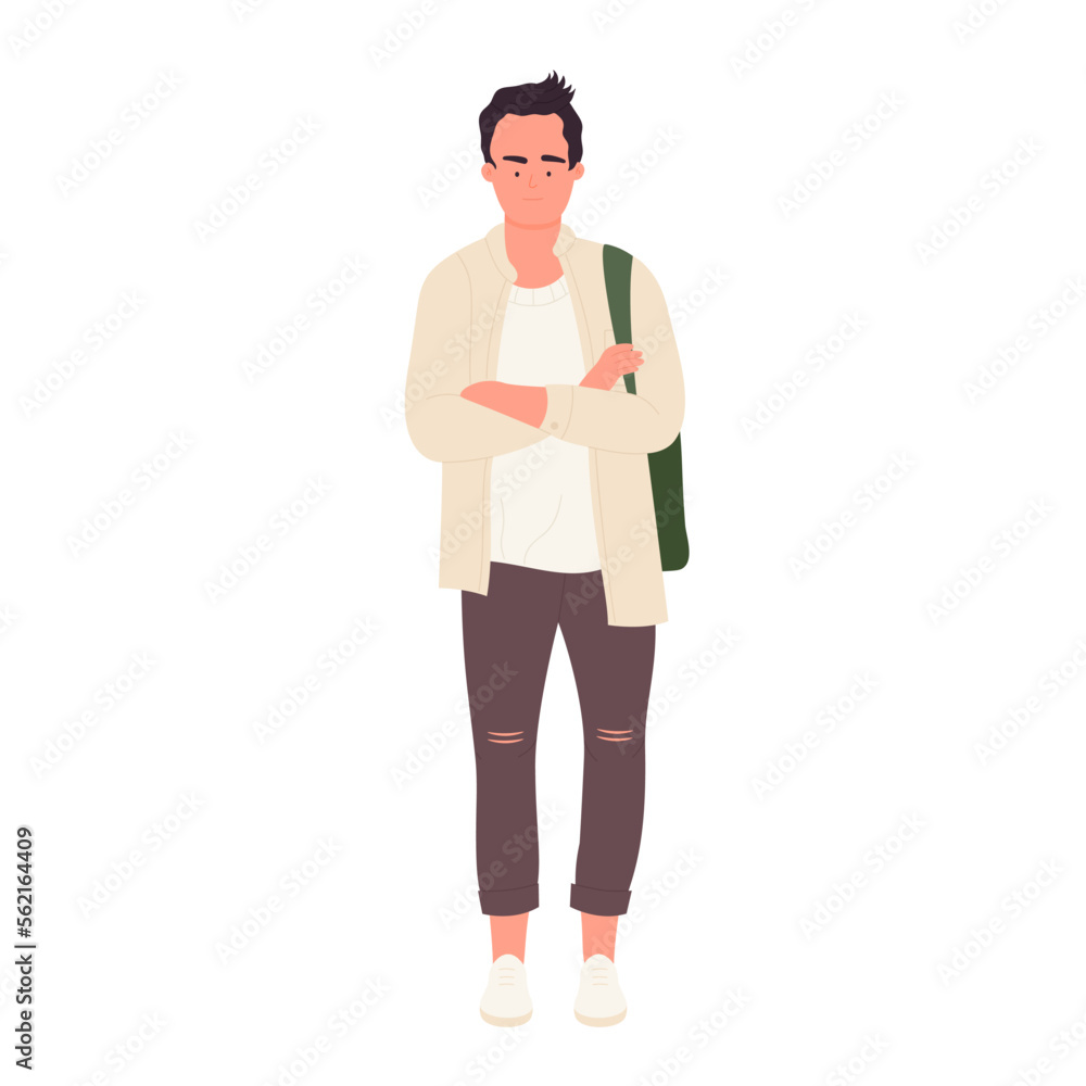 Confident student with crossed arms. Male school pupil, college teenager vector illustration
