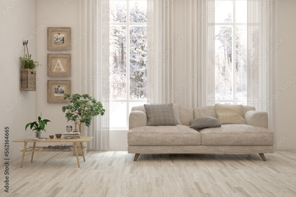 White living room with sofa and winter landscape in window. Scandinavian interior design. 3D illustration White living room with sofa and winter landscape in window. Scandinavian interior design. 3D illustration