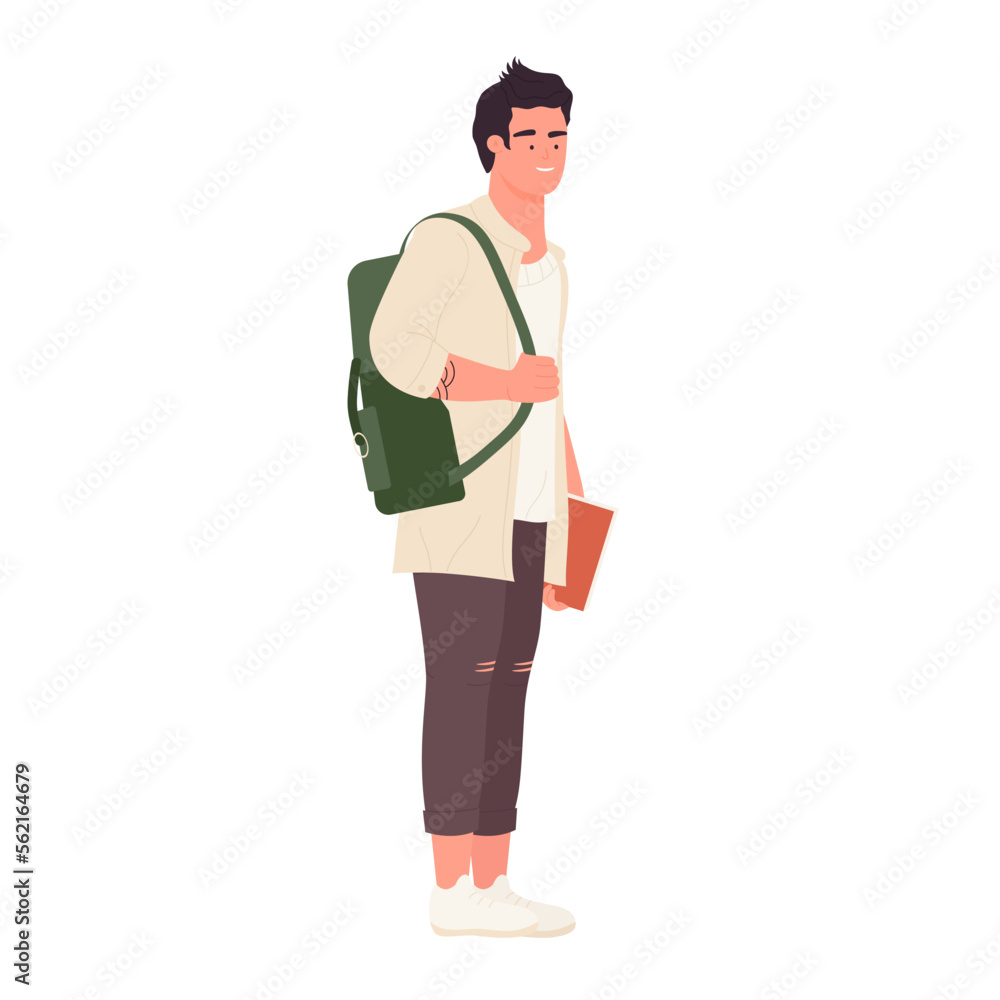 Male student ready for school less. Standing university boy with backpack vector illustration