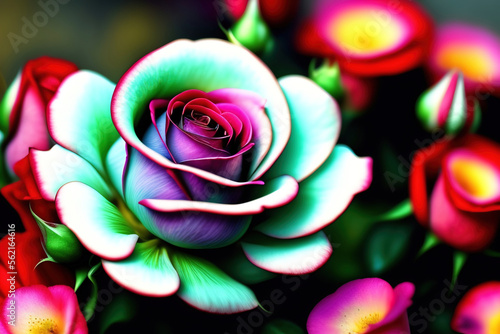 Generative AI: Fresh roses flowers colored in shades of pink close up