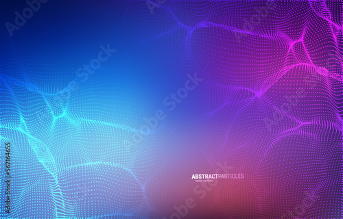 Abstract vector technology background with blue and purple wave particle flow on blurry color background.