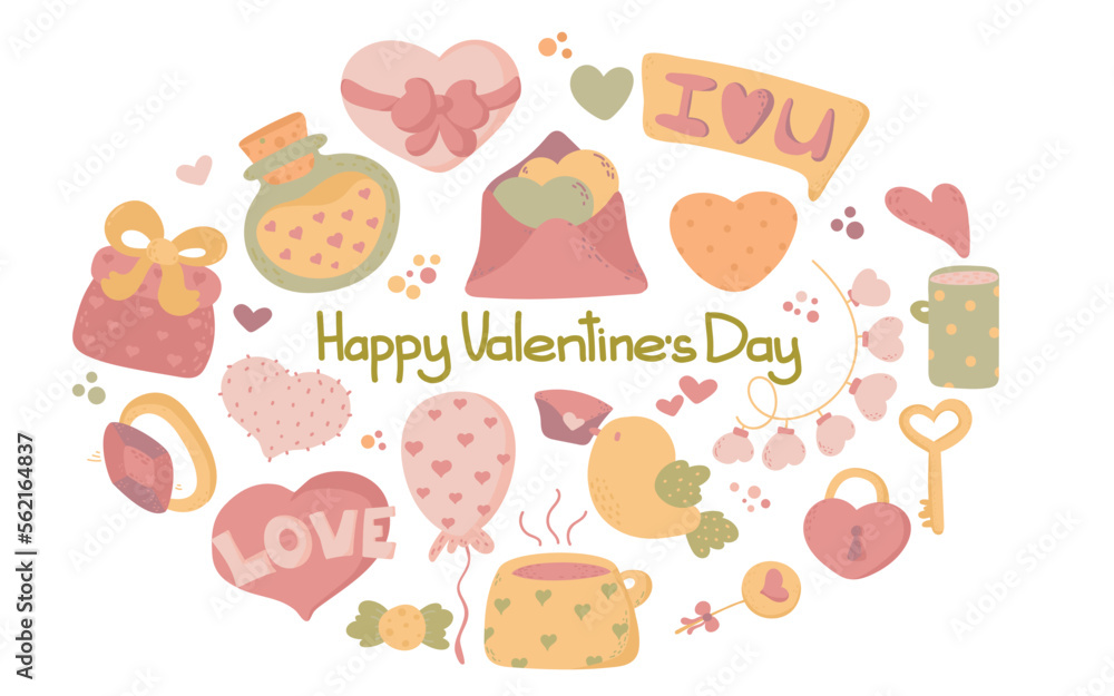Cartoon romantic love valentines day elements. Heart shape, sweets vector symbols set. Valentines day romantic objects. diamond ring, envelope with letter doodle hand draw Cartoon romantic love valentines day elements. Heart shape, sweets vector symbols set. Valentines day romantic objects. diamond ring, envelope with letter doodle hand draw