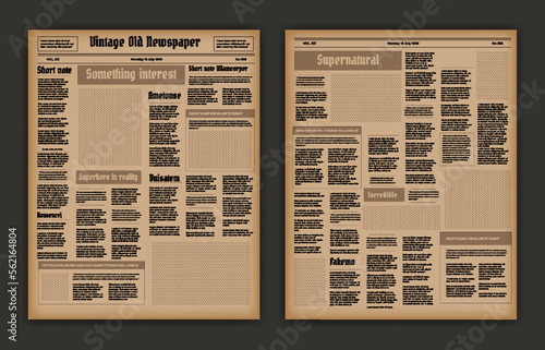Vintage newspaper. News articles, newsprint magazine old design. Brochure newspaper pages with headlines. Paper retro journal vector grunge template. Old newspaper with columns of text