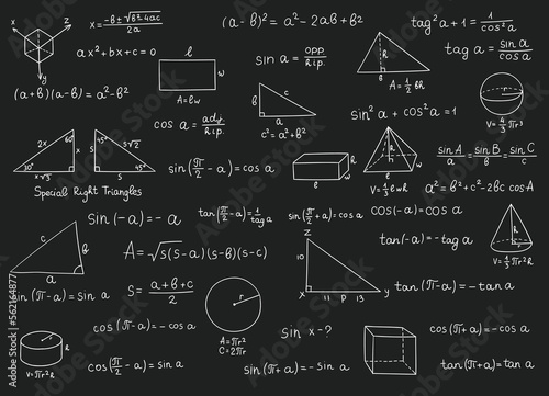 Maths doodle. Hand drawn mathematics formulas on chalkboard for background, banner, book cover and etc. Education industry. Mathematical theory of school education