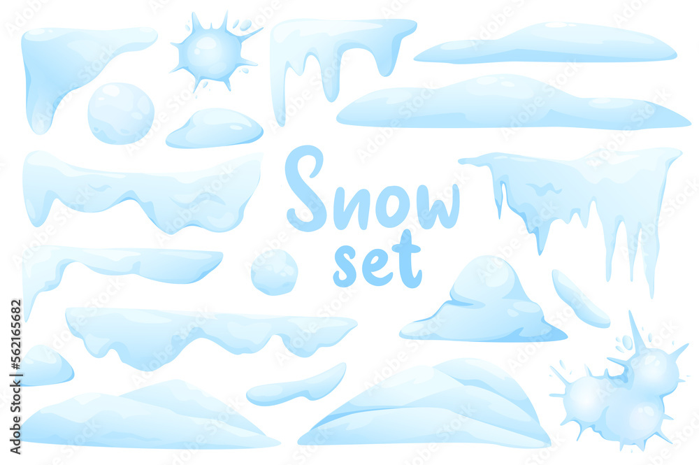 Snow isolated elements set in flat design. Bundle of different shapes and borders of snow caps with icicles, snowballs and snow spots and snowdrift pile in white and blue colors.