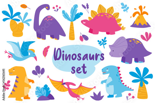 Cute dinosaurs isolated elements set in flat design. Bundle of childish Jurassic reptiles with brontosaurus, stegosaurus, triceratops, pterodactyl, velociraptor and palm trees.