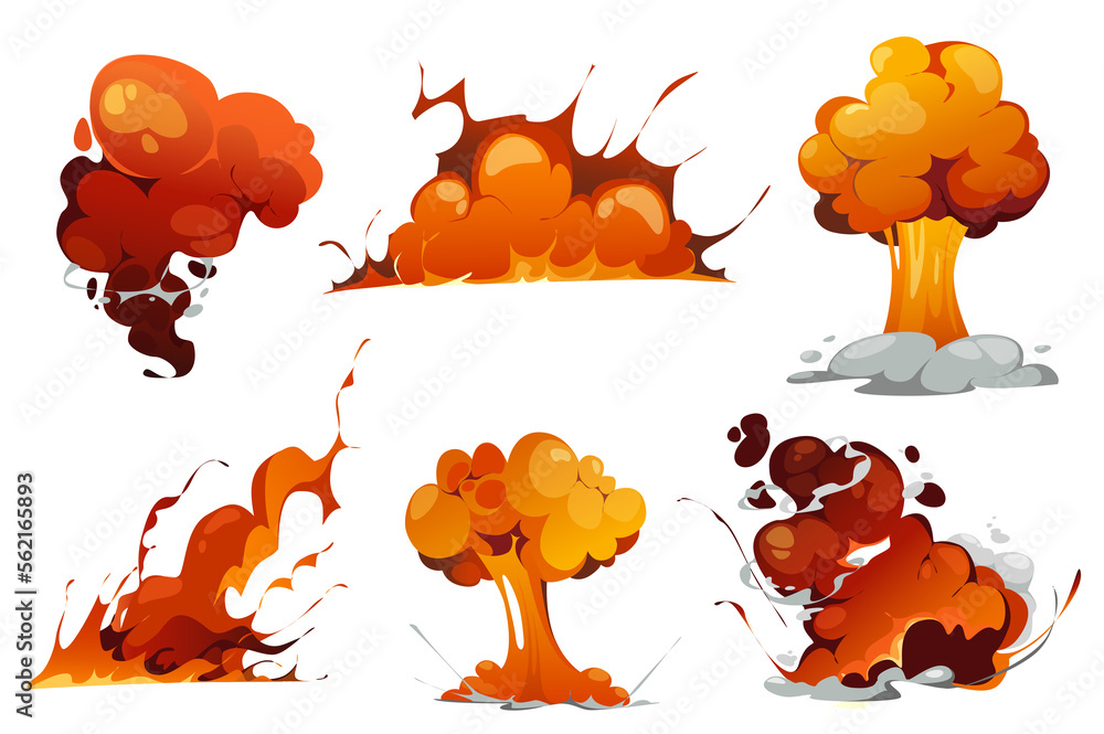 Bomb explosion isolated elements set in flat design. Bundle of comic