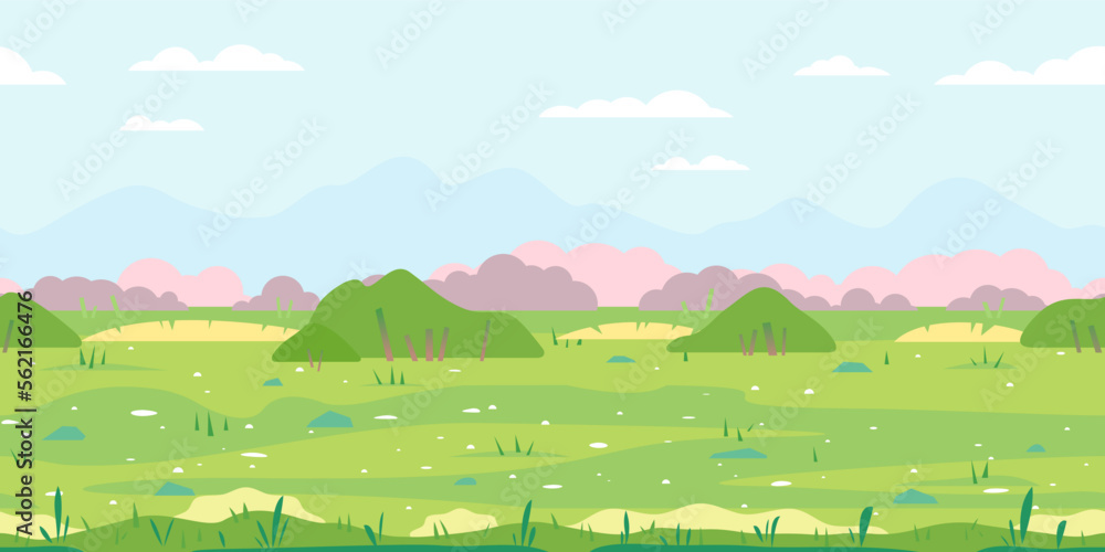 Green grass field with bushes, ground with stones near the bushes, nature game background in simple colors and flat style, tileable horizontally Green grass field with bushes, ground with stones near the bushes, nature game background in simple colors and flat style, tileable horizontally