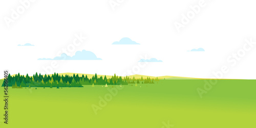 Panorama of spruce forest landscape background in simple geometric form, wildlife panorama of nature in summer day with blue clouds, hills and forest far away on the horizon