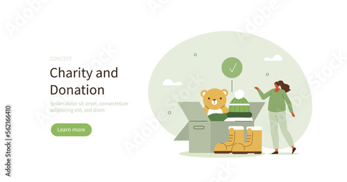 Volunteer sorting and organizing donated clothes in box for charity. Giving and supporting through financial contributions and donation concept. Vector illustration.