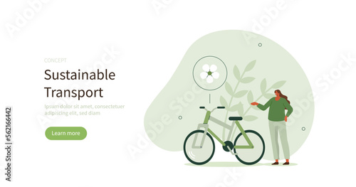 Sustainable transportation. Characters using environmental friendly mode of transport and standing near electric bike. Urban mobility and environmental conservation concept. Vector illustration.