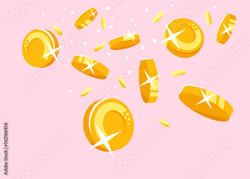 Gold coins falling down concept illustration in flat style, treasure of gold wealth with bright sparkles, coins scatter in different directions