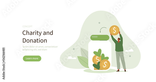 Volunteerism and community support. Volunteers collecting funds and placing them in a jar. Financial contributions and donation concept. Vector illustration.