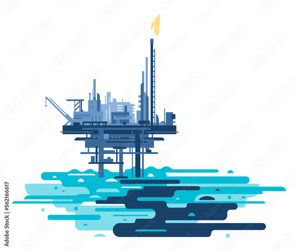 Ocean pollution with crude oil from oil platform, oil in sea water ecological disaster concept