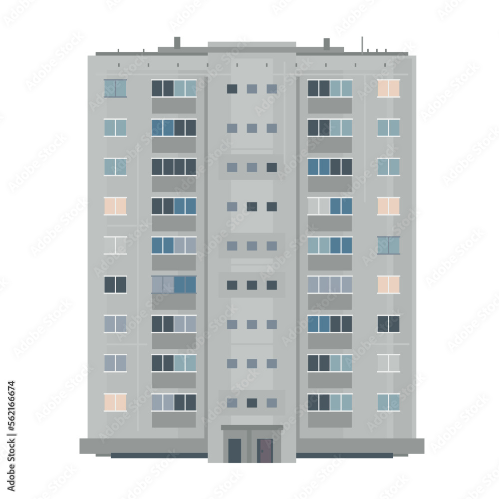 One nine-story eastern European building in front view isolated, old soviet building architecture flat style