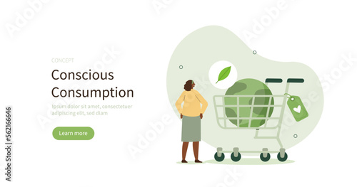 Sustainable consumption. Character standing near shopping cart with planet earth inside and choosing to buy conscious. Consumption behavior concept. Vector illustration.
