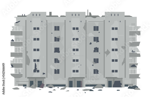 One five-story eastern european war destroyed building with debris and concrete in front view, ruins apartment building isolated