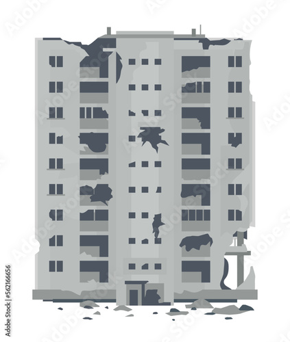 One nine-story eastern european war destroyed building with debris and concrete in front view, ruins apartment building isolated