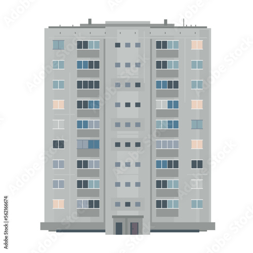 One nine-story eastern European building in front view isolated, old soviet building architecture flat style