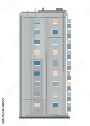 One nine-story eastern European building in side view isolated, old soviet building architecture flat style