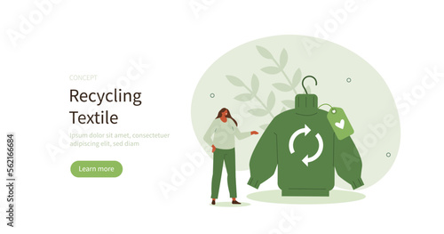 Sustainable fashion. Character buying sweater made from recycled materials. Conscious consumption to minimize waste and environmental impact. Reduce, reuse, recycle concept. Vector illustration.