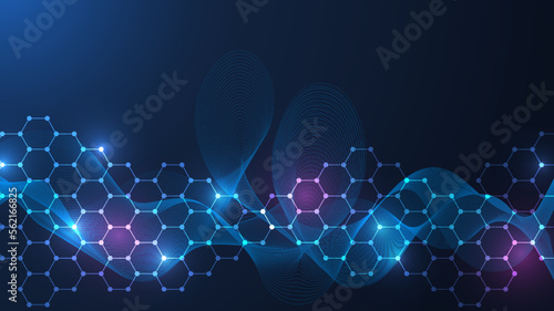 Modern scientific background with hexagons, lines and dots. Wave flow abstract background. Molecular structure for medical, technology, chemistry, science. Vector illustration