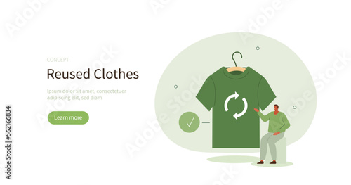 Sustainable eco friendly fashion. Character buying pre owned goods at flea market or used clothes store. Textile reuse, clothes swapping and second hand concept. Vector illustration.