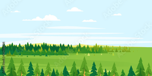 Spruce tops forest summer landscape background in simple geometric form, wildlife panorama of forest in green valley at sunny day with blue sky, nature travel banner illustration