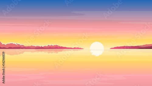 Sea sunrise landscape in yellow colors, nature landscape illustration, morning fog on lake, sunset on the beach background