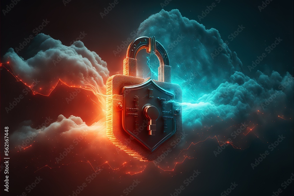 Cyber security, data protection, cyberattacks concept on blue background. Database security software development. Online security concept. AI - obrazy, fototapety, plakaty 