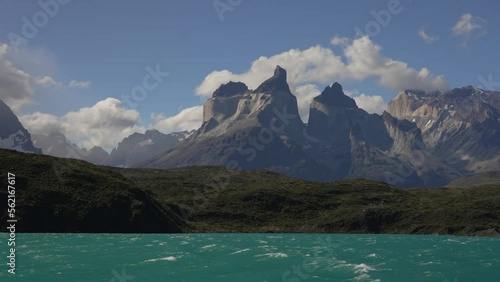 view from a catamaran to Paine Horns or Cuernos del Paine in Torres del Paine National Park photo