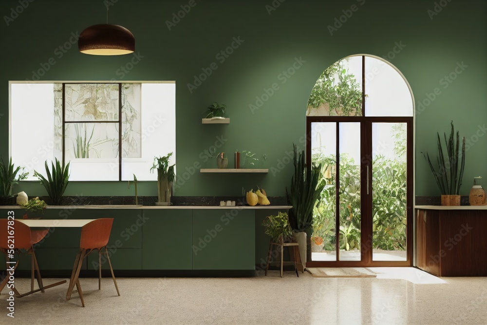 Beautiful Green Mid Century Modern Kitchen Interior Design with Plants