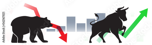 Bull and Bear or bullish or bearish stock market grow or crash vector illustration