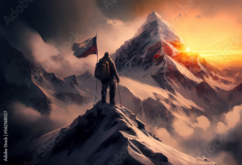 View of top of Mount Everest. Nepal. Generative AI Art. Beautiful sunset. Man looks at the mountains.