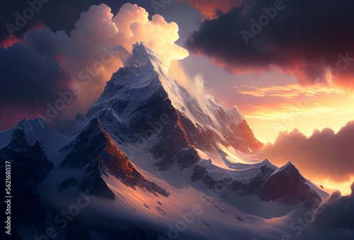 View of top of Mount Everest. Nepal. Generative AI Art. Beautiful sunset. © Sci-Fi Agent