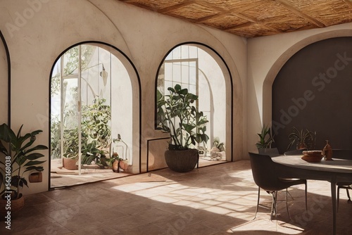 Luxurious Spanish Modern Arched Doorway Interior with Plants in Dining Room Made with Generative AI