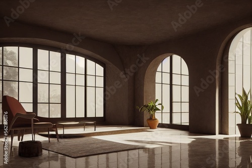 Cozy Spanish Modern Living Room Interior with Arch Walls and Large Windows Made with Generative AI