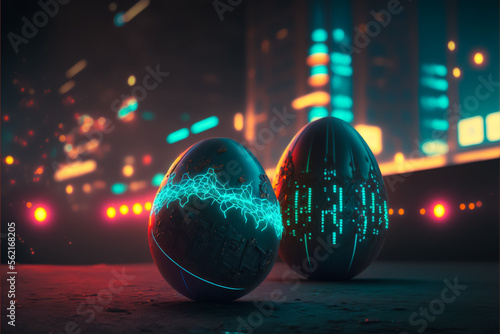 beautiful Easter eggs with flowers and grass in the nest elegant night background. Generative AI