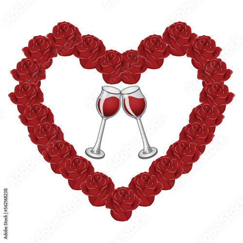 Glasses of wine in a heart-shaped frame made of rose flowers. Vector illustration isolated on white background.