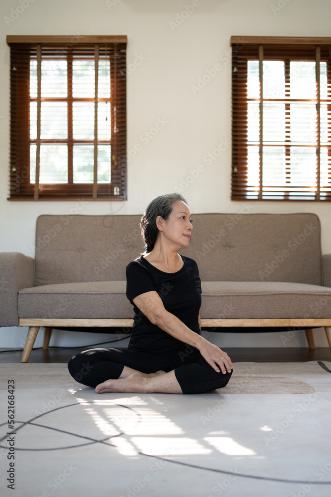 Fototapeta premium Home workout. Happy senior woman doing domestic training, exercise at home, indoors. Fit mature lady taking care of her body, leading active lifestyle.