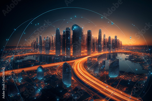 Banner smart city dot point connect with gradient line, connection technology metaverse concept. Generative AI