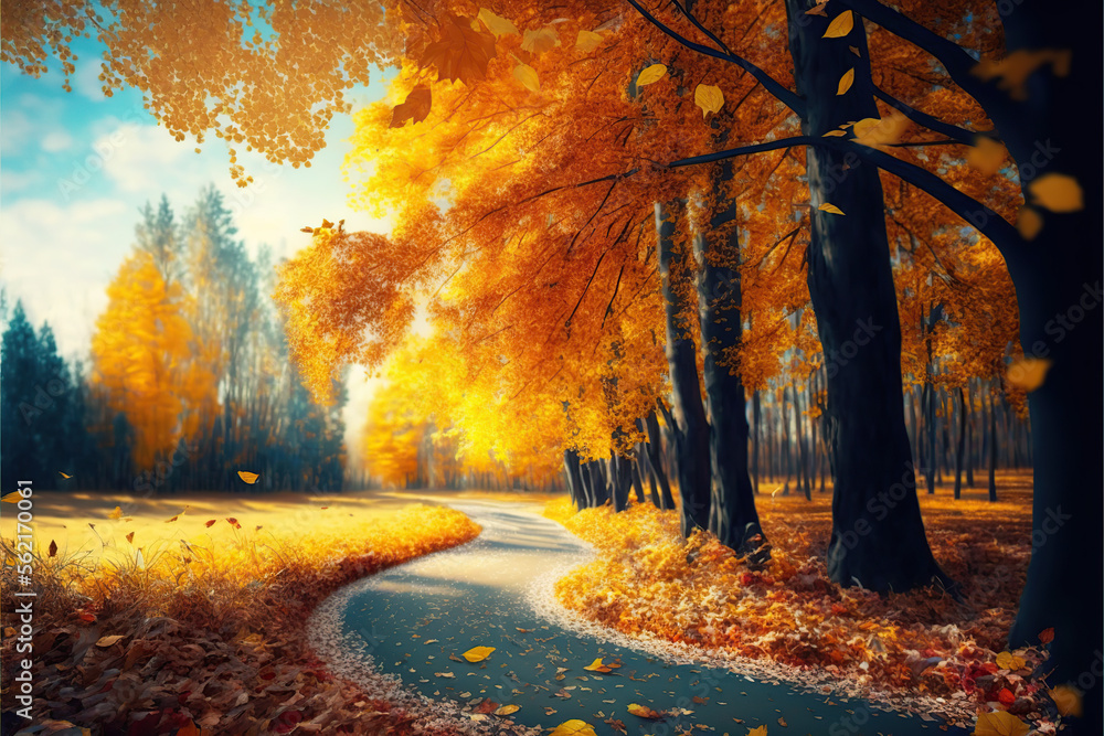 Beautiful autumn landscape with. Colorful foliage in the park. Falling leaves natural background, IA