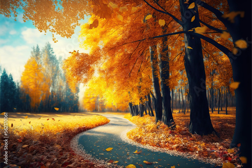 Beautiful autumn landscape with. Colorful foliage in the park. Falling leaves natural background  IA