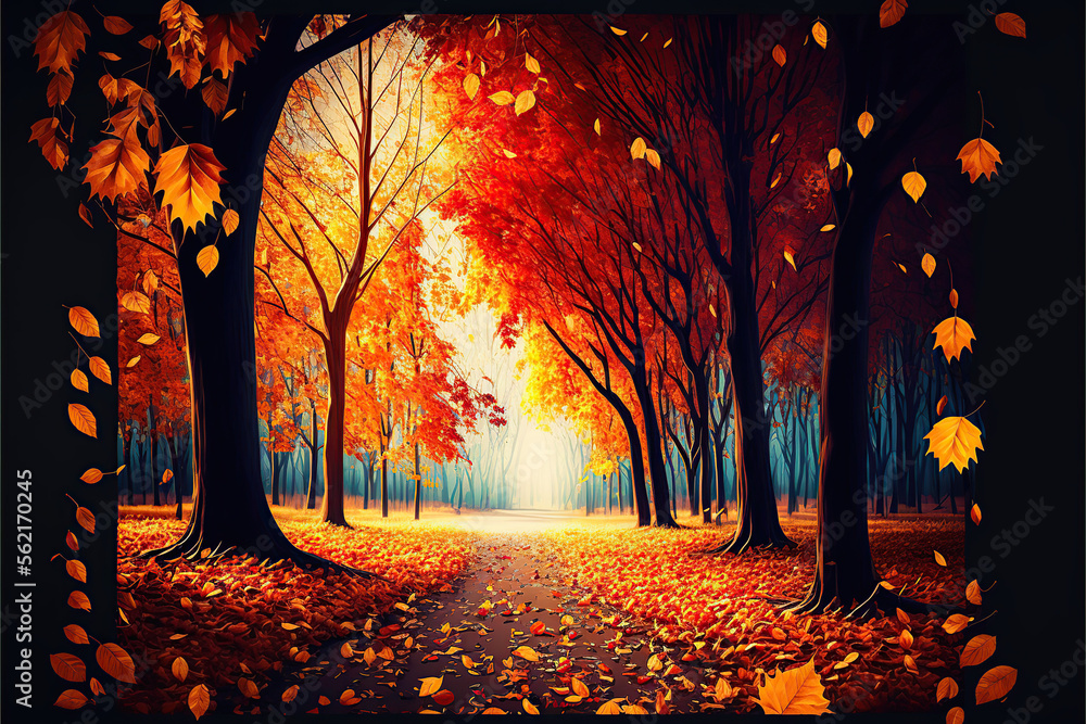 Beautiful autumn landscape with. Colorful foliage in the park. Falling leaves natural background, IA