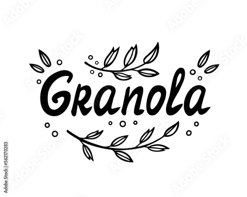 Granola lettering, logotype. Muesli, packaging design emblem with calligraphy decorative elements. Vector Illustration for backgrounds, posters, stickers and textile. Isolated on white background.